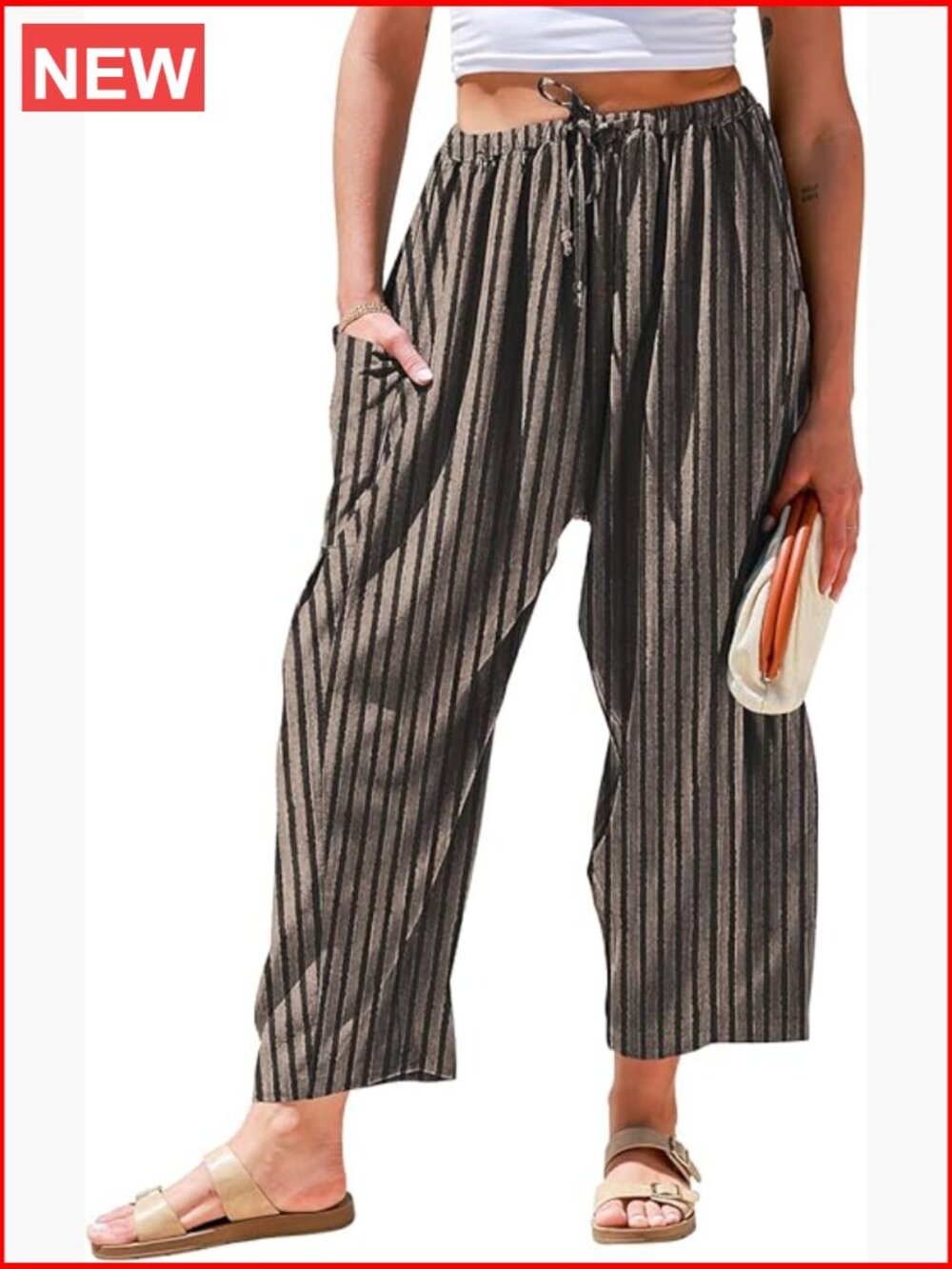 Womens Linen Wide Leg Pants Casual Loose Drawstring Summer Travel Beach Palazzo - Picture 1 of 7